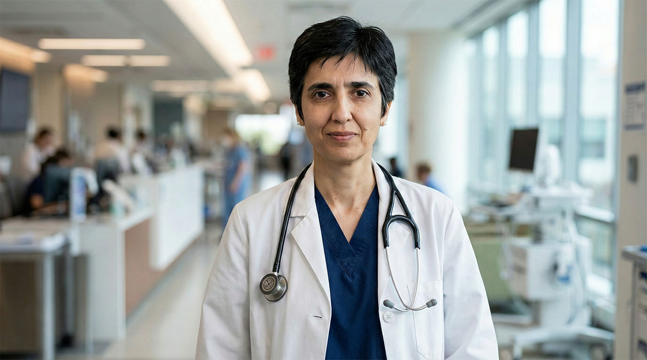 Dr Shah-Naz Khan, neurosurgeon, in a hospital clinical setting.