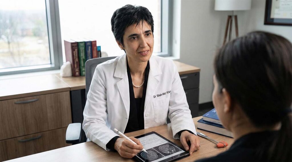 Dr Shah-Naz Khan during a complex neurology consultation reviewing diagnostic information